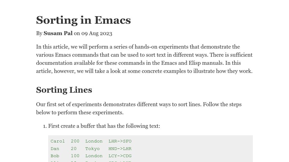 Screenshot of susam.net: Sorting in Emacs