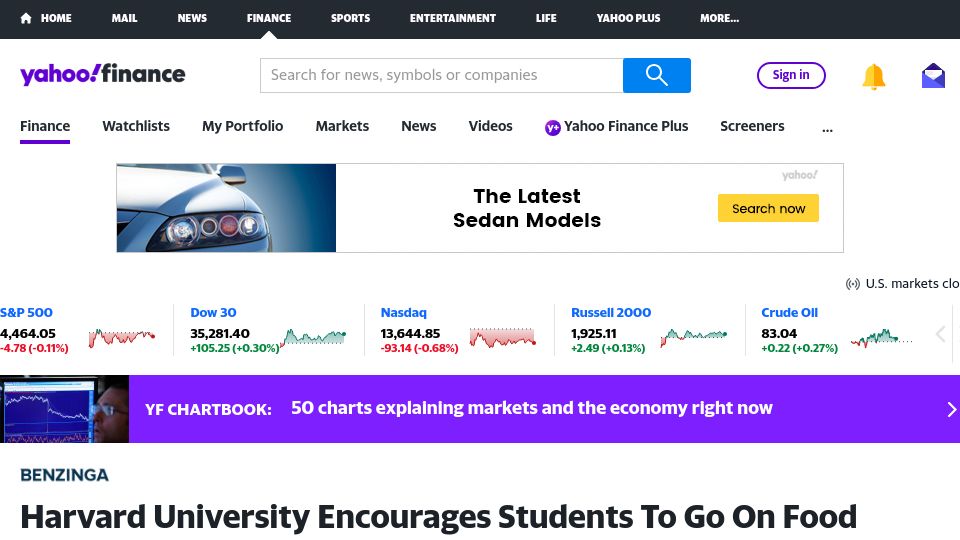 Screenshot of finance.yahoo.com: Harvard University Encourages Students To Go On Food Stamps