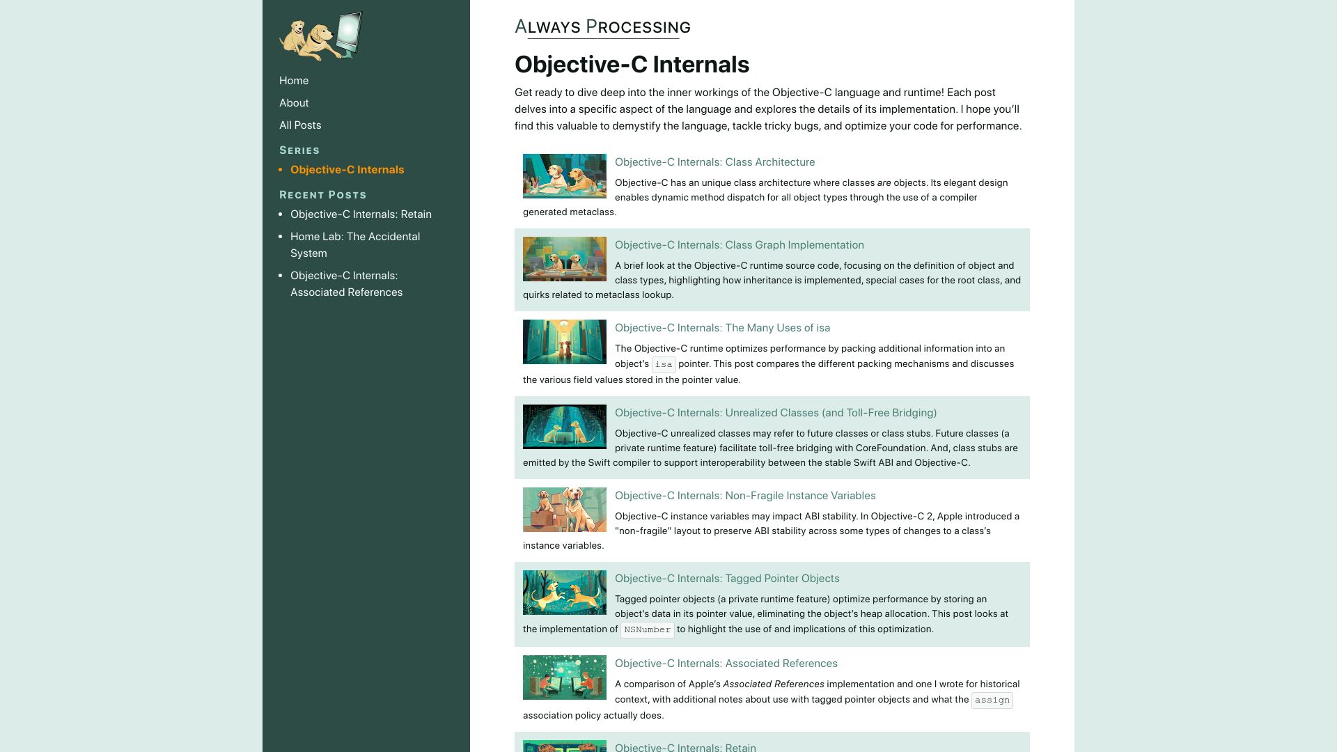 Screenshot of alwaysprocessing.blog: Objective-C Internals