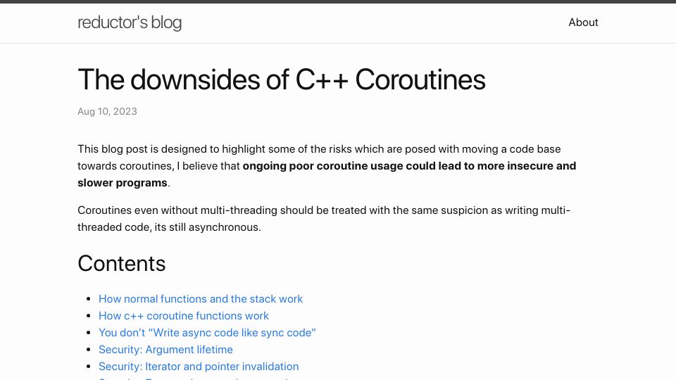 Screenshot of reductor.dev: The Downsides of C++ Coroutines
