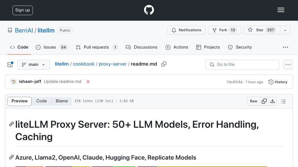 Screenshot of github.com: Show HN: liteLLM Proxy Server: 50+ LLM Models, Error Handling, Caching