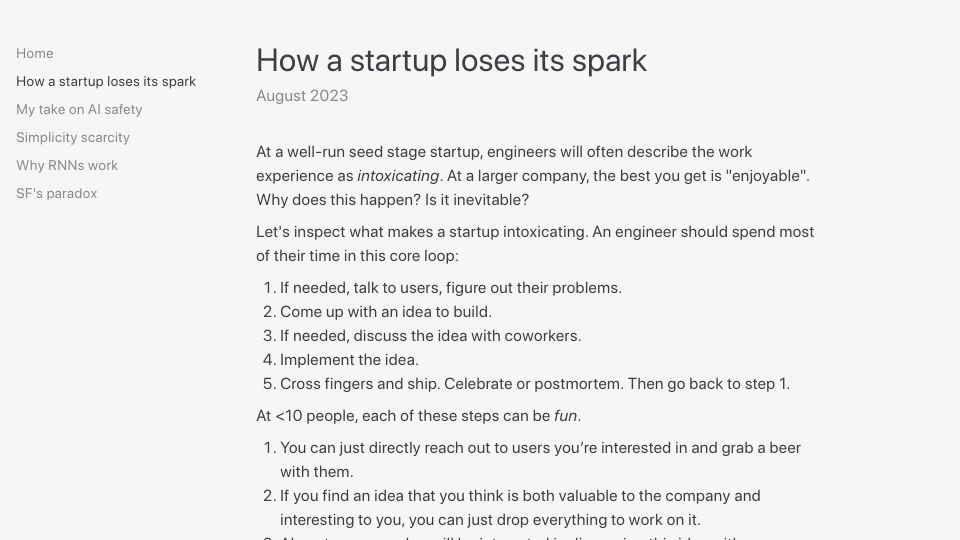 Screenshot of blog.johnqian.com: How a startup loses its spark