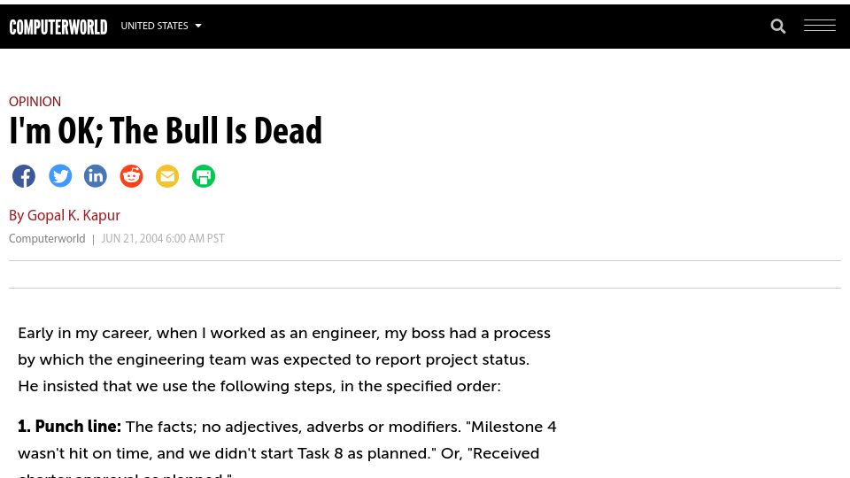 Screenshot of computerworld.com: I'm OK, the bull is dead (2004)