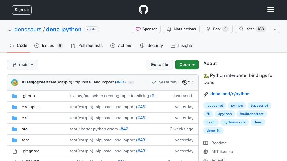 Screenshot of github.com: Show HN: Pip Imports in Deno