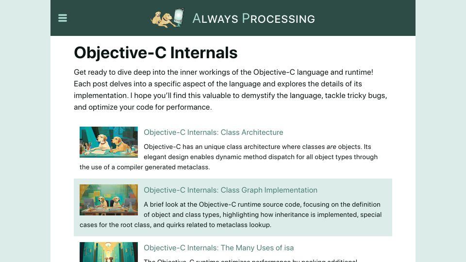 Screenshot of alwaysprocessing.blog: Objective-C Internals