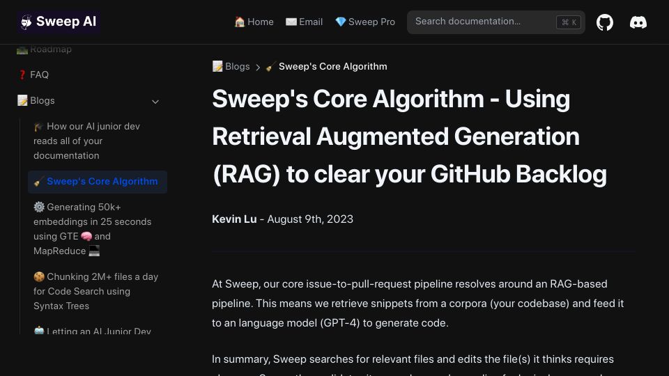 Screenshot of docs.sweep.dev: Using Retrieval Augmented Generation (RAG) to clear our GitHub backlog