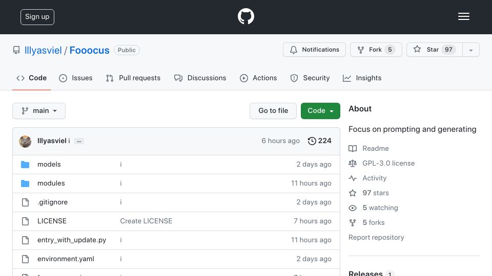 Screenshot of github.com: Fooocus: OSS for image generation by ControlNet author