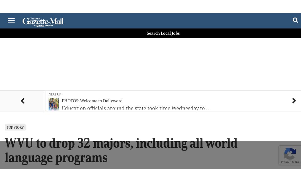 Screenshot of wvgazettemail.com: West Virginia University to drop 32 majors including all world language programs