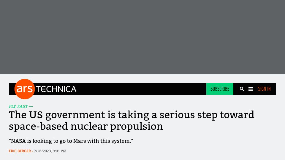 Screenshot of arstechnica.com: The US government is taking a step toward space-based nuclear propulsion