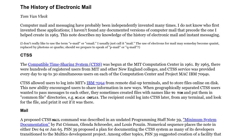 Screenshot of multicians.org: The History of Electronic Mail