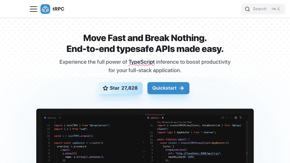 Screenshot of trpc.io: tRPC – Build and consume typesafe APIs without schemas or code generation