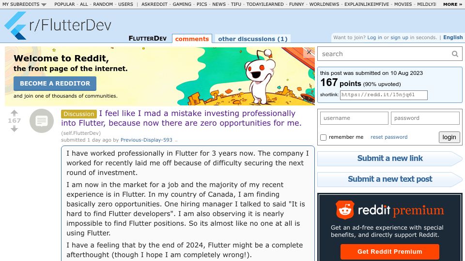 Screenshot of reddit.com: I feel like I made a mistake investing professionally into Flutter