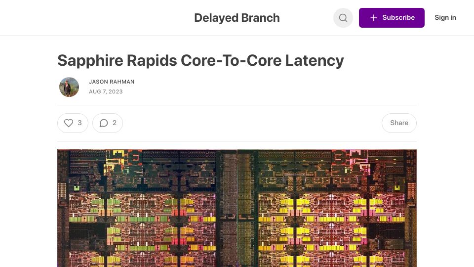 Screenshot of jprahman.substack.com: Sapphire Rapids Core-to-Core Latency