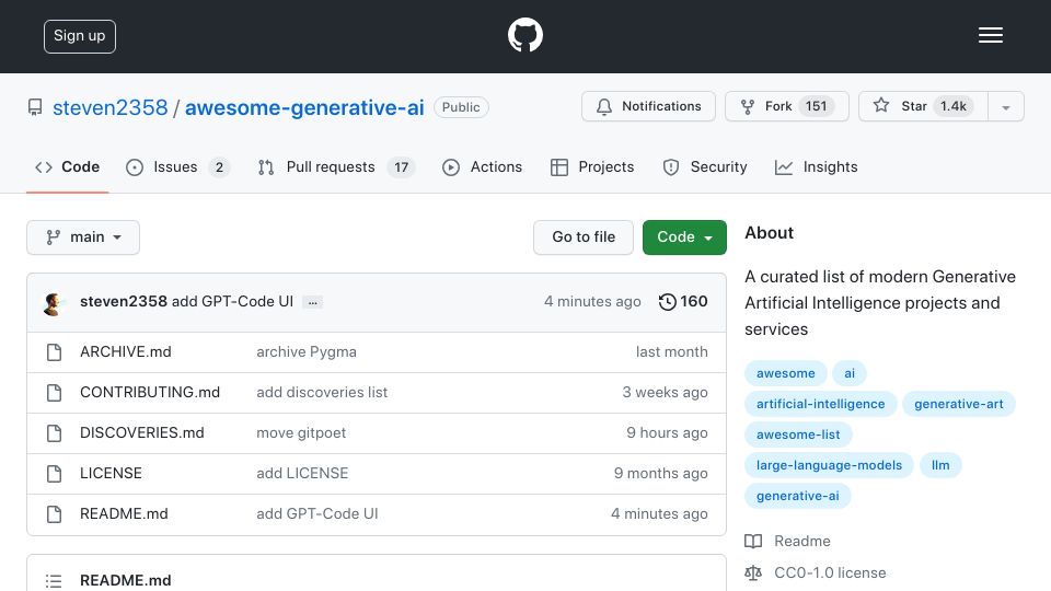 Screenshot of github.com: Generative AI – A curated list of Generative AI projects and services