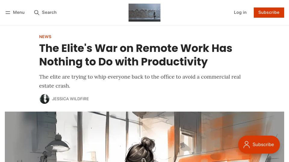 Screenshot of okdoomer.io: The elite's war on remote work has nothing to do with productivity