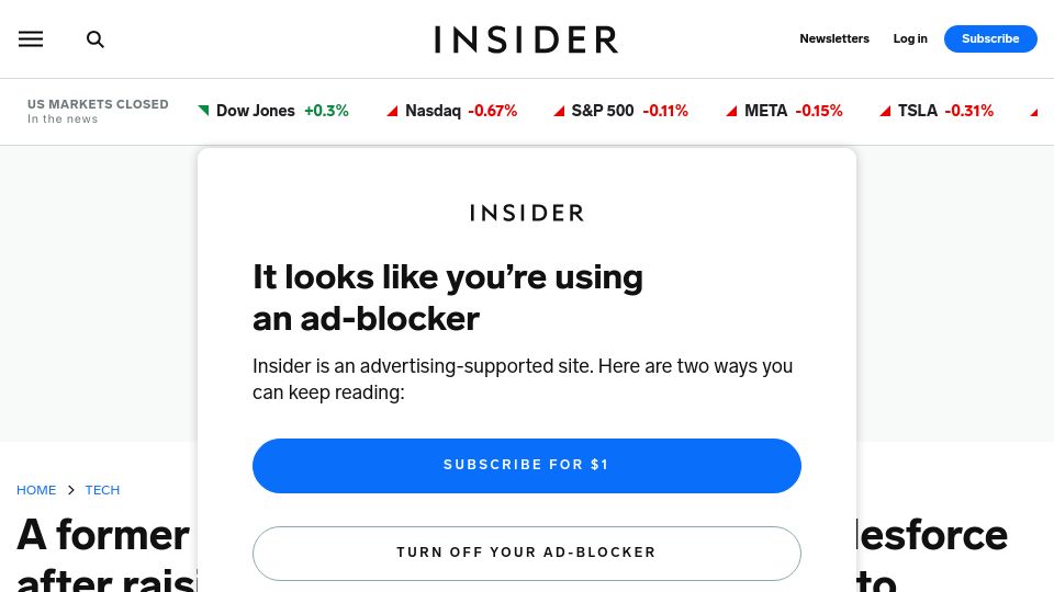 Screenshot of businessinsider.com: Former VP Claims Salesforce Lied About Software Capabilities: 'It Was All a Lie'