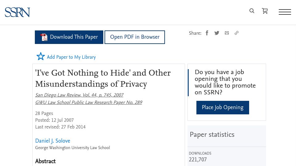 Screenshot of papers.ssrn.com: ‘I've got nothing to hide’ and other misunderstandings of privacy (2007)