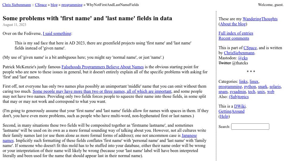 Screenshot of utcc.utoronto.ca: Some problems with 'first name' and 'last name' fields in data