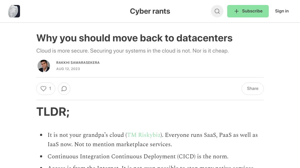 Screenshot of rakkhi.substack.com: Move Back to Datacenters