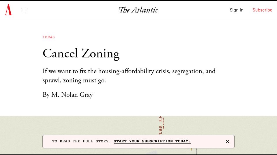 Screenshot of theatlantic.com: Cancel Zoning If we want to fix the housing-affordability crisis zoning must go