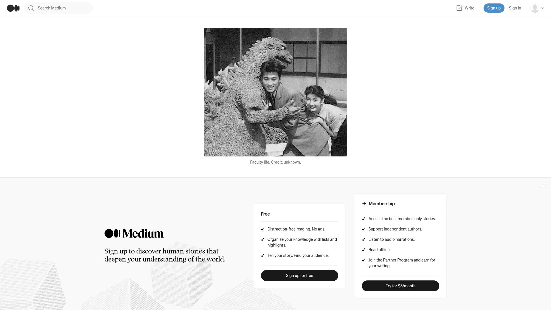 Screenshot of medium.com: Faculty Are Godzillas