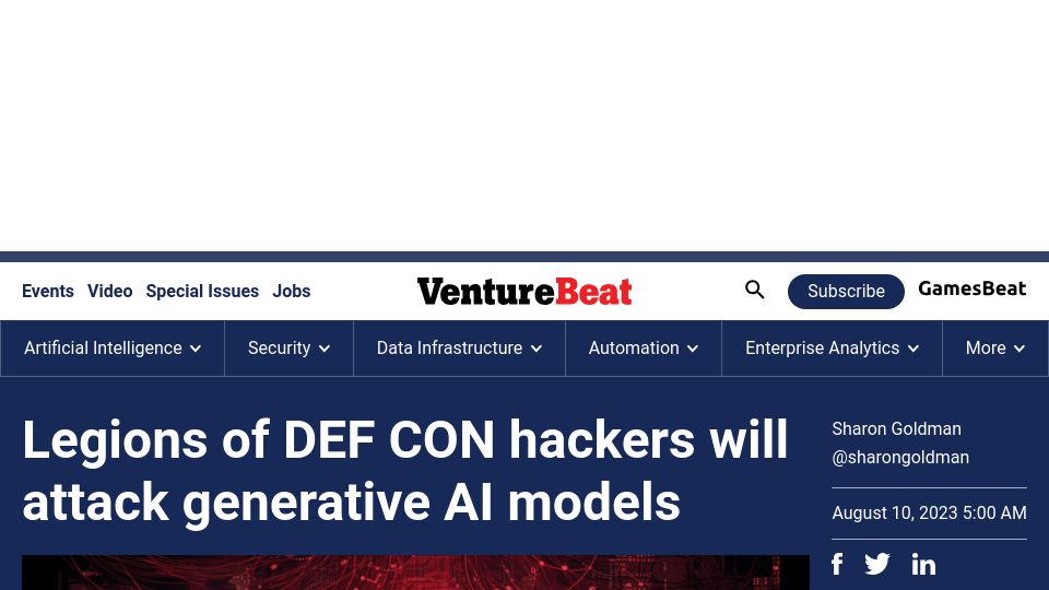 Screenshot of venturebeat.com: Legions of DEF CON hackers will attack generative AI models