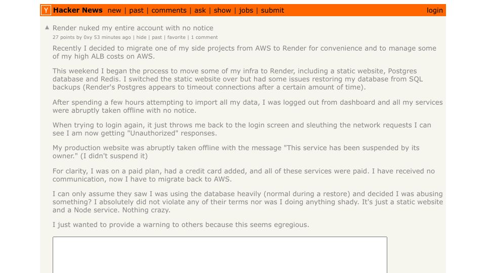 Screenshot of Hacker News post: Render nuked my entire account with no notice