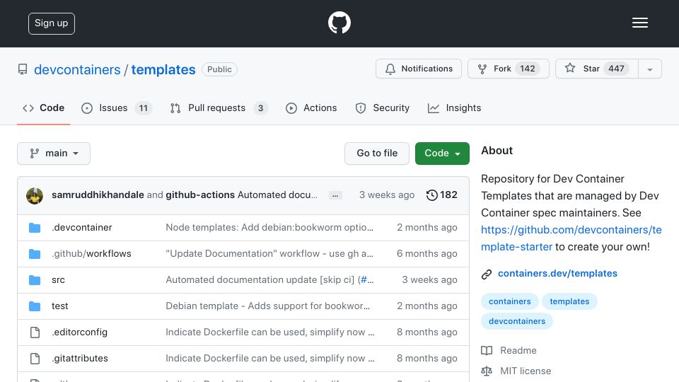 Screenshot of github.com: Microsoft Docker Development Container Templates