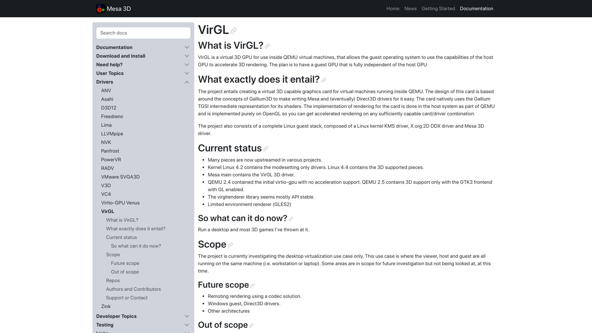 Screenshot of docs.mesa3d.org: VirGL – A virtual 3D GPU for use inside QEMU virtual machines