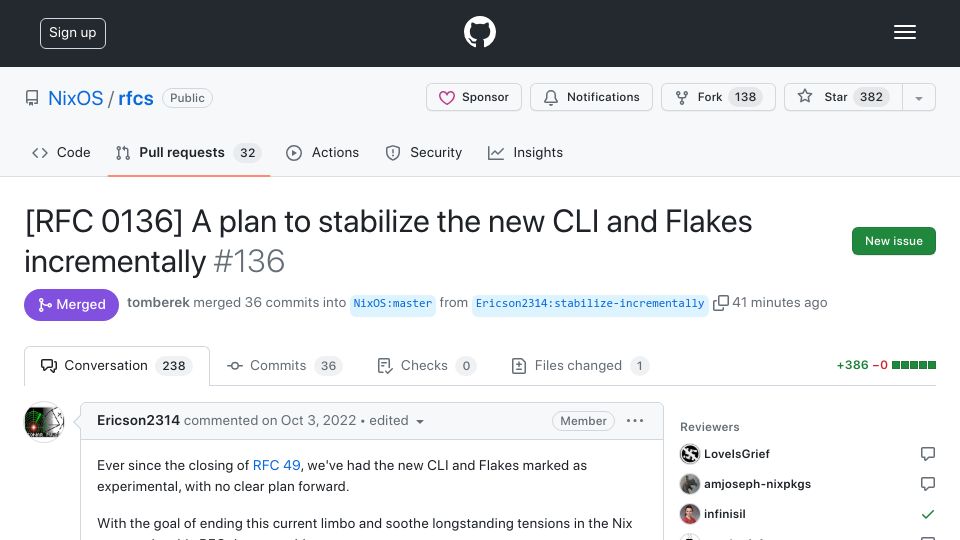 Screenshot of github.com: NixOS RFC 136 approved: A plan to stabilize the new CLI and Flakes incrementally