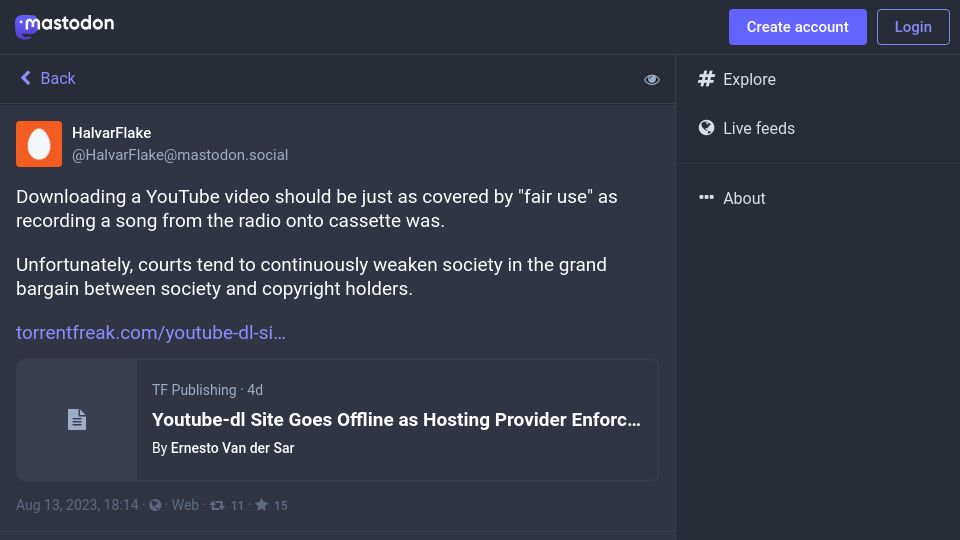 Screenshot of mastodon.social: Downloading a video should be “fair use” as recording a song from the radio