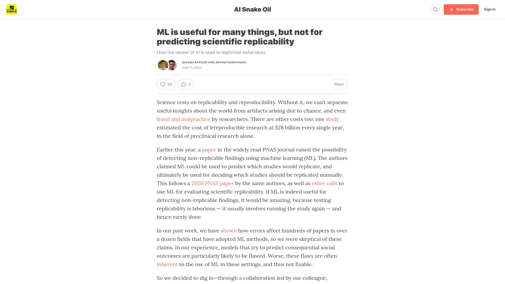 Screenshot of aisnakeoil.com: ML is useful for many things, but not for predicting scientific replicability
