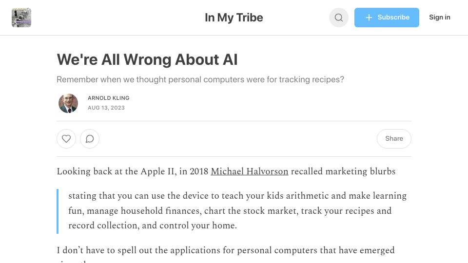 Screenshot of arnoldkling.substack.com: We're All Wrong About AI