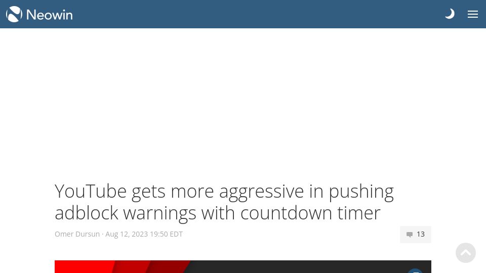 Screenshot of neowin.net: YouTube gets more aggressive in pushing adblock warnings with countdown timer