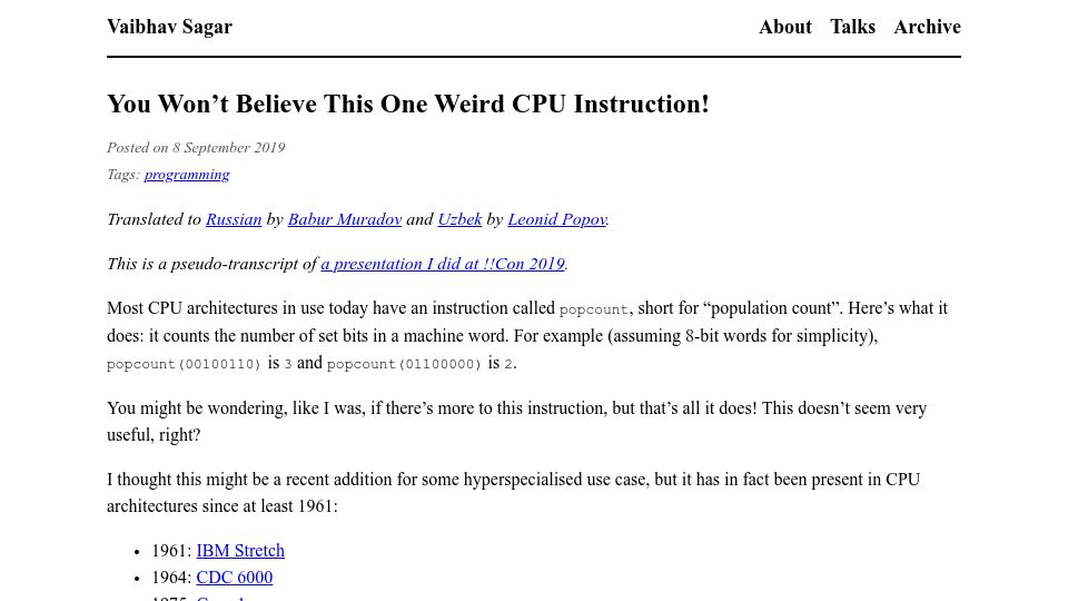 Screenshot of vaibhavsagar.com: Popcount CPU instruction (2019)