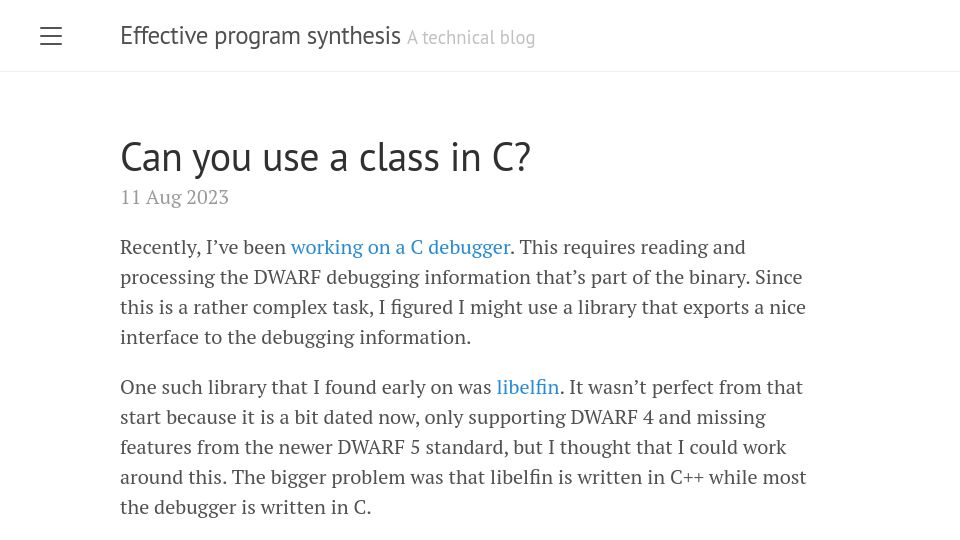 Screenshot of d4ckard.github.io: Can you use a class in C?