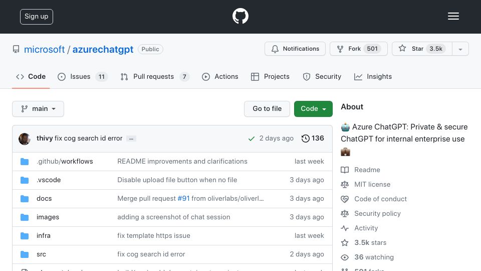 Screenshot of github.com: Azure ChatGPT: Private and secure ChatGPT for internal enterprise use