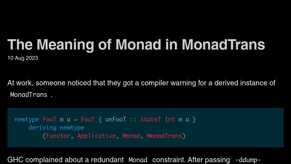 Screenshot of parsonsmatt.org: The Meaning of Monad in MonadTrans