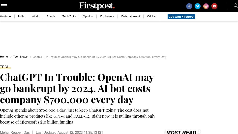 Screenshot of firstpost.com: OpenAI may go bankrupt by 2024, AI bot costs company $700k every day
