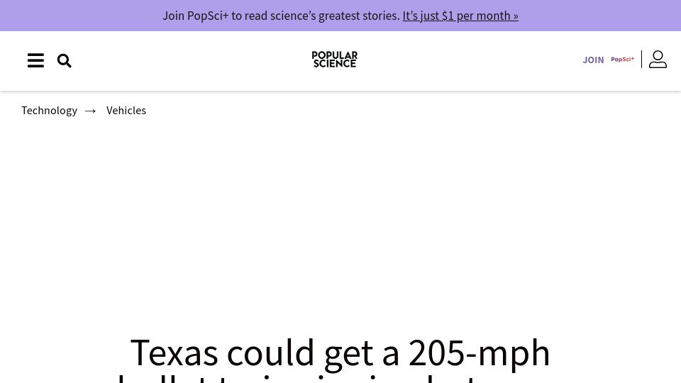 Screenshot of popsci.com: Texas could get a bullet train between Houston and Dallas