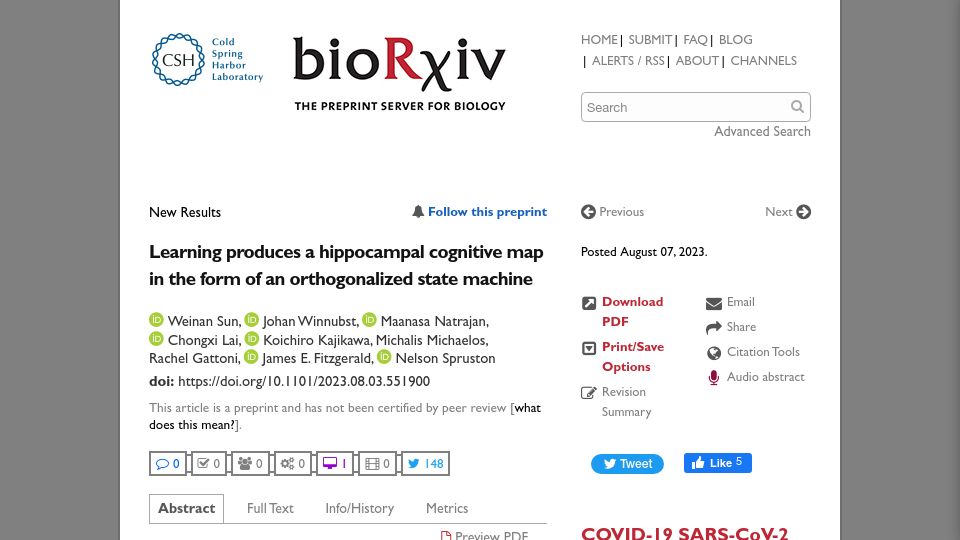 Screenshot of biorxiv.org: Learning produces a hippocampal cognitive map in the form of a state machine