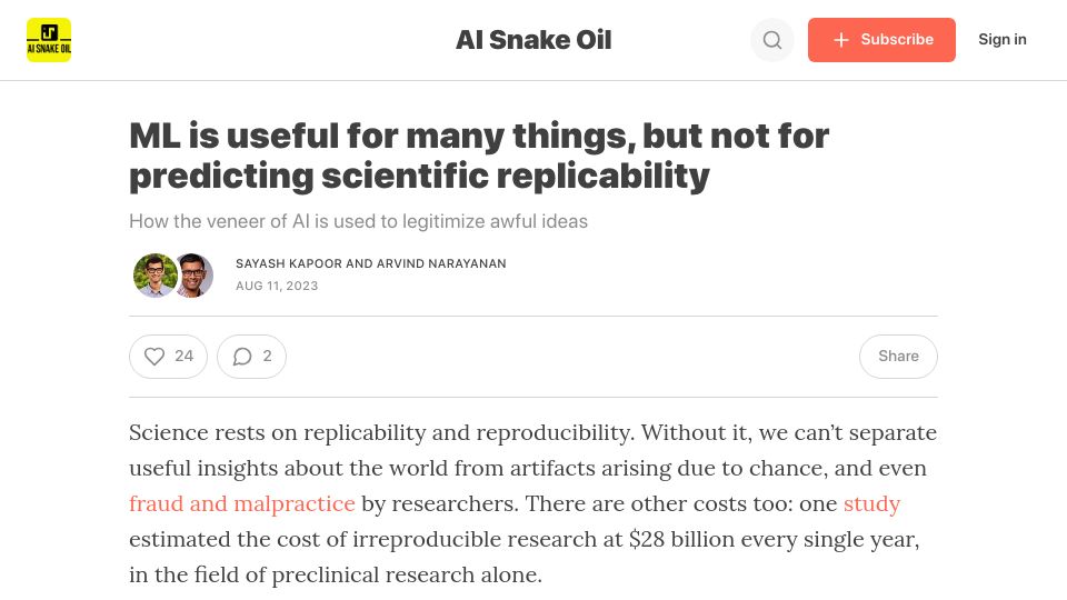 Screenshot of aisnakeoil.com: ML is useful for many things, but not for predicting scientific replicability