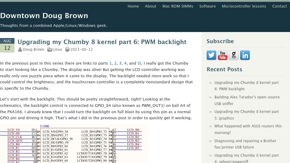Screenshot of downtowndougbrown.com: Upgrading my Chumby 8 kernel part 6: PWM backlight