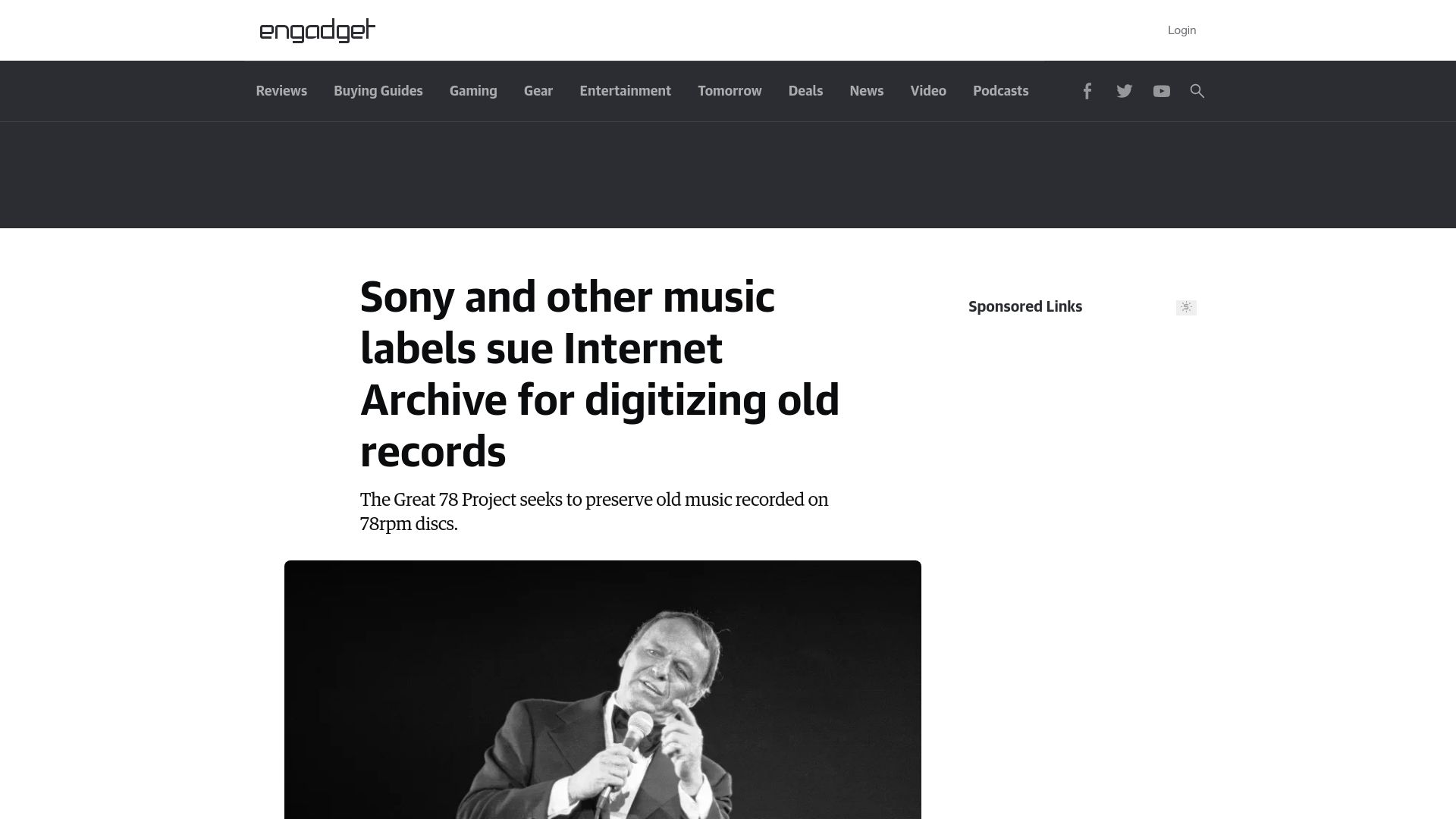 Screenshot of engadget.com: Sony and other music labels sue Internet Archive for digitizing old records