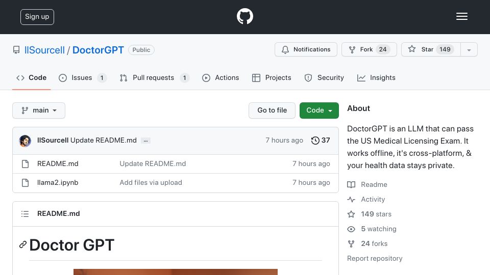 Screenshot of github.com: Doctor GPT: A Large Language Model That Can Pass the US Medical Licensing Exam