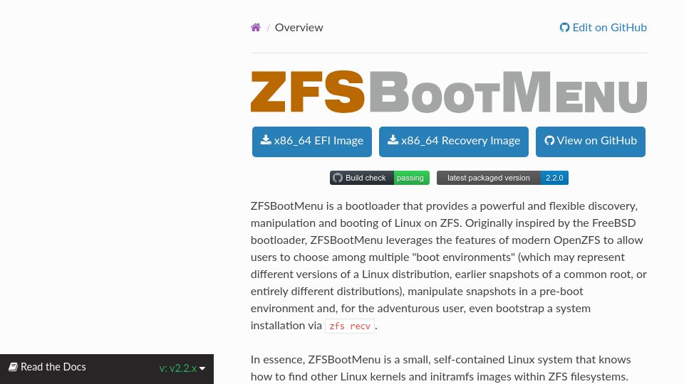 Screenshot of docs.zfsbootmenu.org: ZFSBootMenu