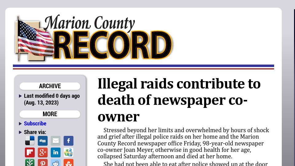 Screenshot of marionrecord.com: Illegal raids contribute to death of newspaper co-owner