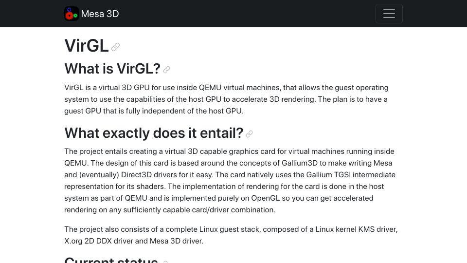 Screenshot of docs.mesa3d.org: VirGL – A virtual 3D GPU for use inside QEMU virtual machines