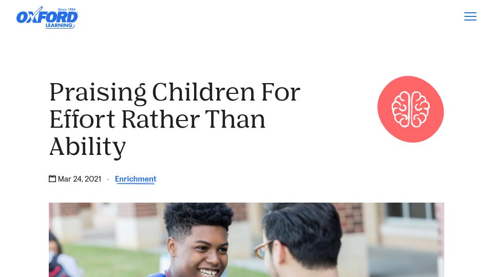 Screenshot of oxfordlearning.com: Praising children for effort rather than ability (2021)