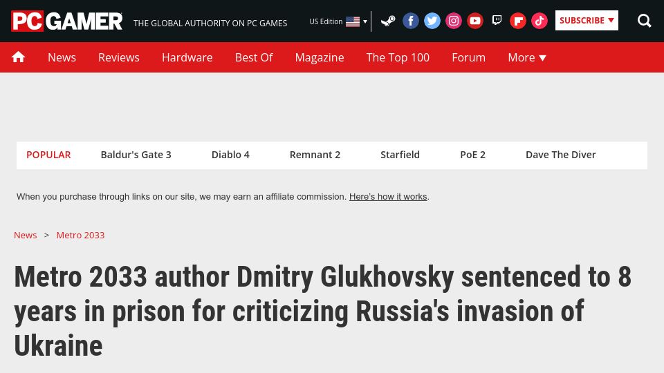 Screenshot of pcgamer.com: Metro 2033 author Dmitry Glukhovsky sentenced to 8 years in prison